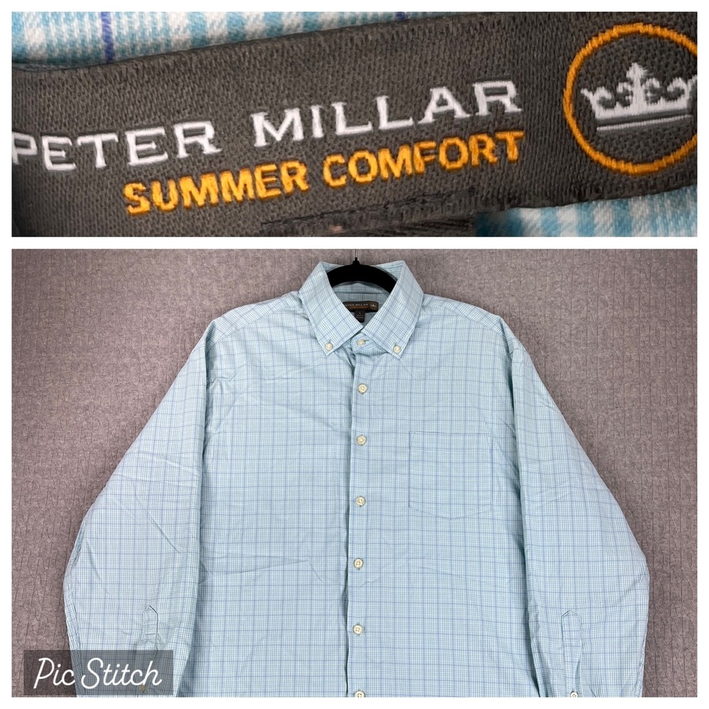 Peter Millar Summer Comfort Button Down Shirt Men L Blue Glen‎ Check Performance